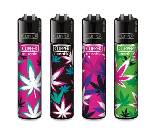 Clipper® Feuerzeuge im Multipack - 4er Set mit coolem Look - Nachhaltig NEU - INKL Gratis Crystal Deko Balls (Pink Leaves #3) von DHOBIA