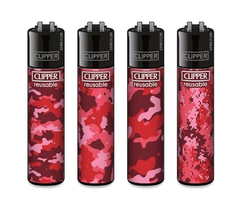 Clipper® Feuerzeuge im Multipack - 4er Set mit coolem Look - Nachhaltig NEU - INKL Gratis Crystal Deko Balls (Red Camouflage) von DHOBIA