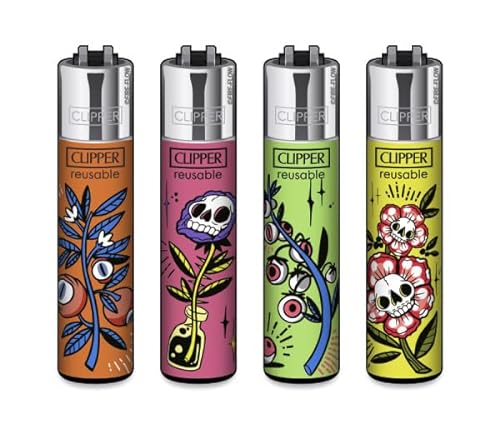 Clipper® Feuerzeuge im Multipack - 4er Set mit coolem Look - Nachhaltig NEU - INKL Gratis Crystal Deko Balls (Strange Flowers #2) von DHOBIA