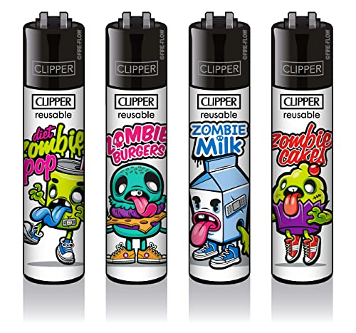 Clipper Classic Original Feuerzeuge 4er Set - Winter Kollektion 2021 + 1 Clipper DHOBIA Feuerzeug GRATIS (Zombie Food) Bunt von DHOBIA