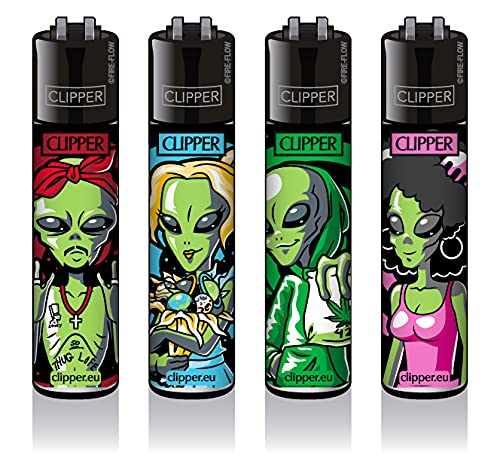 Clipper Feuerzeuge Classic Large - 4er Set + 1x Clipper Dhobia Feuerzeug Gratis (Alien #2, Kunststoff) LMC222 von DHOBIA