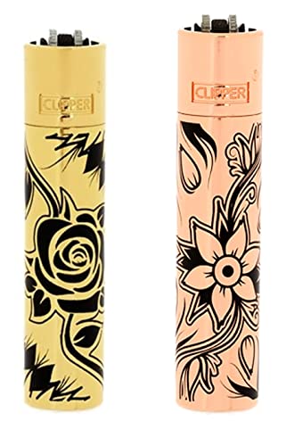 Clipper Metall Large Feuerzeug Gas - Edles Design inkl. Geschenk Box + DHB (Metallic Flowers Gold+Rosegold) von DHOBIA