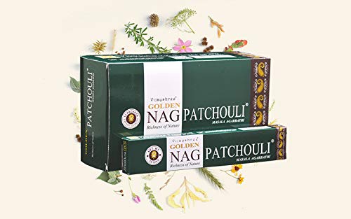 Golden Nag Verschiedene Düfte Original aus Indien Handgerollt Meditation Entspannung Aromatisch GRATIS Räucherstäbchen Halter (Patchouli, 3) von DHOBIA