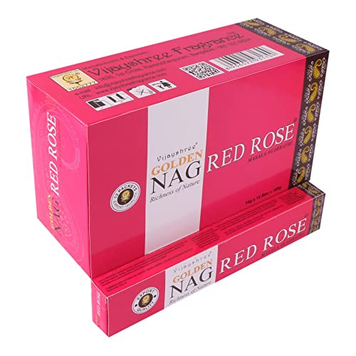 Golden Nag Verschiedene Düfte Original aus Indien Handgerollt Meditation Entspannung Aromatisch GRATIS Räucherstäbchen Halter (Red Rose, 12) von DHOBIA