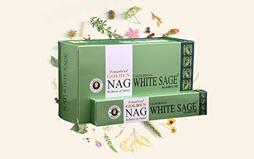 Golden Nag Verschiedene Düfte Original aus Indien Handgerollt Meditation Entspannung Aromatisch GRATIS Räucherstäbchen Halter (White Sage, 6) von DHOBIA