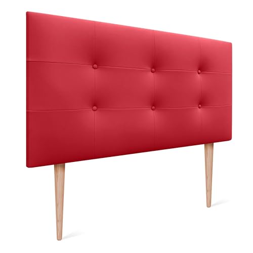 DHOME Kopfteil Capitone gepolstert Kunstleder oder Stoff Acualine mit Kiefer Holzbeine 8cm dick Bett Kopfteile gepolstert gesteppt Capitone Bett Kopfteile (Kunstleder Rot, 95 (90)) von DHOME