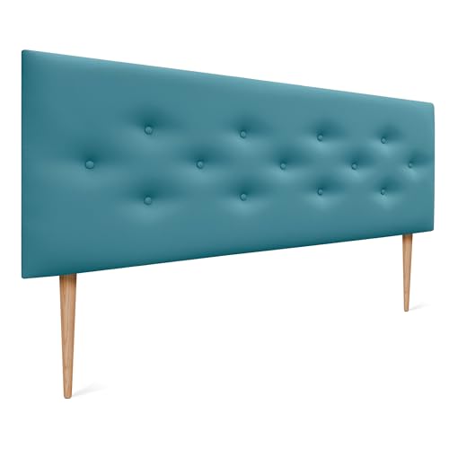 DHOME Kopfteil aus Kunstleder Oder ACUALINE Stoff mit 3 Versetzt Angeordneten Knopfreihen und Holzfüßen Gepolstertes Luxus Kopfteil für Betten (Kunstleder Türkis, 145cm) von DHOME