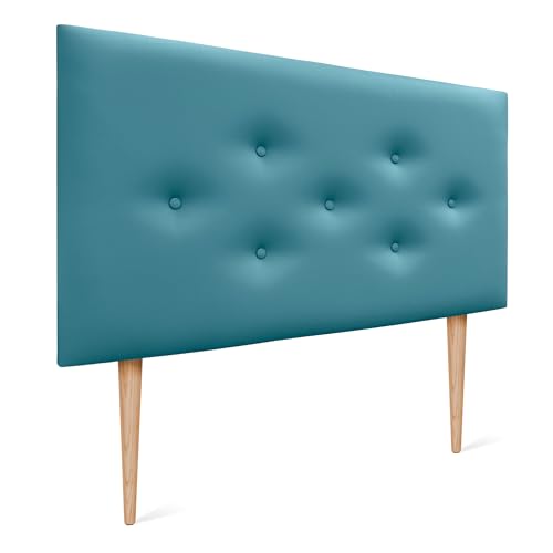 DHOME Kopfteil aus Kunstleder Oder ACUALINE Stoff mit 3 Versetzt Angeordneten Knopfreihen und Holzfüßen Gepolstertes Luxus Kopfteil für Betten (Kunstleder Türkis, 95cm) von DHOME