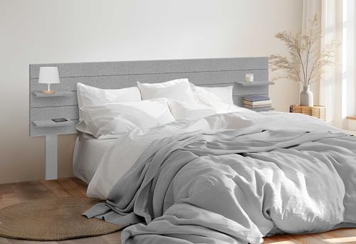 DHOME Recyceltes MDF-Kopfteil aus Holz mit Regalen und Beinen im Palettenstil Nachttisch Horizontale Regale Nordische Bettbeschläge inklusive (Grau Fischgrät, Bett 150cm) von DHOME