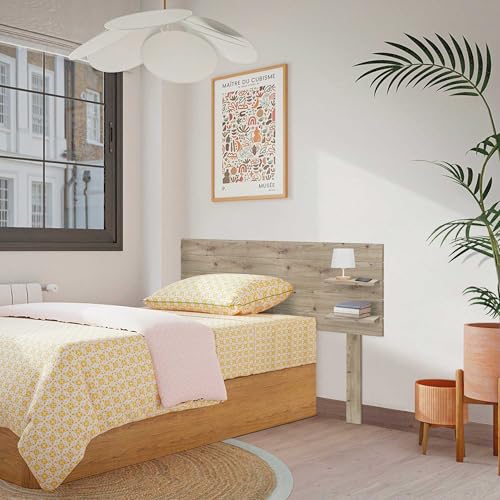 DHOME Recyceltes MDF-Kopfteil aus Holz mit Regalen und Beinen im Palettenstil Nachttisch Horizontale Regale Nordische Bettbeschläge inklusive (Eiche, Bett 120cm) von DHOME