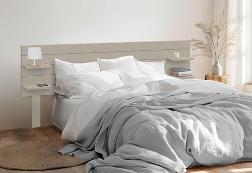 DHOME Recyceltes MDF-Kopfteil aus Holz mit Regalen und Beinen im Palettenstil Nachttisch Horizontale Regale Nordische Bettbeschläge inklusive (Leinen-Finish, Bett 160cm) von DHOME
