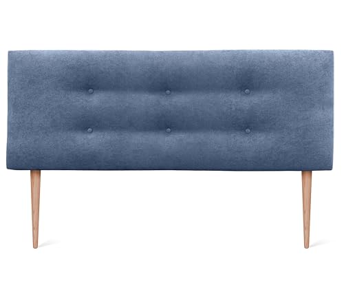 DHOME Kunstleder oder Stoff Kopfteil AQUALINE Pro mit 2 Reihen von Knöpfen gepolstertes Kopfteil Luxus Bett (145x105cm Mit Füßen (Betten 120/135/140), Stoff Blau) von DHOME