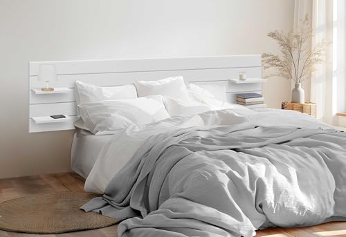 DHOME Recyceltes MDF Kopfteil aus Holz mit Regalen im Palettenstil Nachttisch Horizontale Regale Nordische Bettbeschläge inklusive (Holzweiß, Bett 190cm) von DHOME
