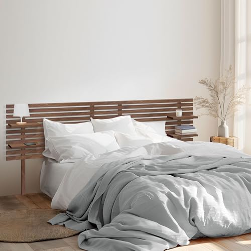 DHOME Recyceltes MDF-Kopfteil aus Holz mit Regalen und Beinen im Paletten-Stil Nachttisch-Regale im japanischen Stil Bett im nordischen Stil mit inkludierter Hardware (Nogal Madera, Bett 150cm) von DHOME