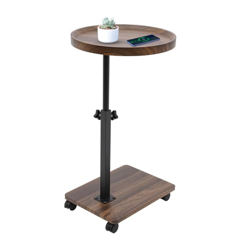 DHQCQL Beistelltisch mit Rollen, C-Form Höhenverstellbar Couchtisch Holz Rund mit 2 Ebenen und 360° Rotierend, Mobiler Nachttisch Rund für Wohnzimmer Und Schlafzimmer, bis zu 5kg (Holzfarbe) von DHQCQL
