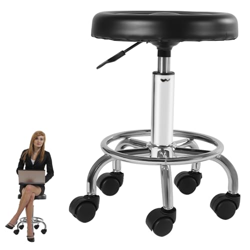 DHQCQL Hocker mit Rollen, Höhenverstellbarer Rollhocker mit 5 Rollen, 38 * 54cm 360° Drehung Arbeitshocker, Bürohocker Rund für Spa Zeichnung Salon Arbeit Büro Tattoo Hocker, Schwarz, BIS 180kg von DHQCQL