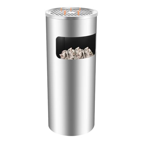 DHQCQL Mülleimer 15L, Abfalleimer aus Edelstahl mit Inneneimer, Mülleimer Schmal mit Aschenbecher und Tablett für Büro Innen- und Außenbereiche wie Höfe, Abfall & Recycling (Silber) von DHQCQL