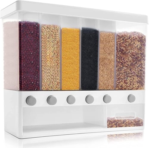 DHQCQL Müslispender 6 Gitter, Wandmontiert Cerealienspender, Müsli Aufbewahrung, Trockenfutterspende Set, Cornflakes Spender für Getreide Nüsse Trockenfutter Getreide, BIS 10 kg von DHQCQL