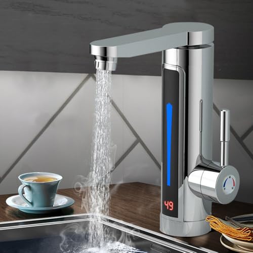 Elektrisch Durchlauferhitzer Wasserhahn, 3300W IPX4 Elektrischer Heizung Wasserhahn mit Ablesbarer LED Temperaturanzeige, 360° Drehbar Wasserhahn mit Durchlauferhitzer für Küche, Badezimmer von DHQCQL