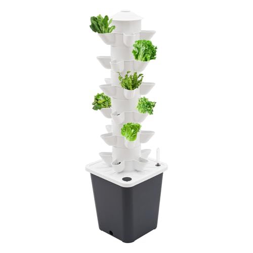 Hydroponik-Turm, 30 Löcher 6 Etagen Hydroponic Tower mit Wasserstandsanzeiger und Wasserpumpe Schlauch, 10L Vertikaler Garten Hydroponisches Anzuchtsystem für Kräuter, Obst und Gemüse (Weiß+Grau) von DHQCQL