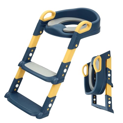 Toilettensitz Kinder mit Treppe, 2 in 1 Toilettenaufsatz Kinder mit PU-Sitzkissen, Verstellbar Toilettenleiter für Kinder, WC Sitz mit Treppe für Jung und Mädchen von 2-7 Jahre Alt von DHQCQL