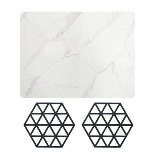 DHSBGWSX 1 Abtropfmatte mit Marmormuster, 2 Untersetzer, Tisch-Isoliermatte, rutschfeste Matte, Untersetzer-Abtropfmatte, Geschirr-Abtropfmatte, saugfähige Arbeitsplatte von DHSBGWSX