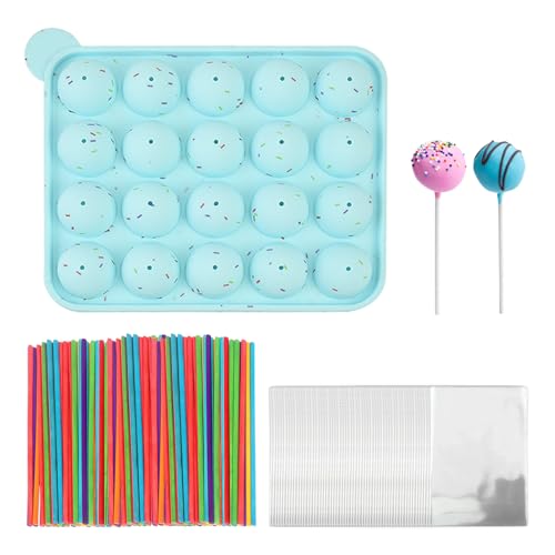 DHSBGWSX 1 Stück 20-Gitter-Eisform, 100 Papierstäbchen, 100 Stück Verpackungsbeutel, Runde Lutscherform, Kugelgeleeform, Silikon-Eiswürfelbox, Diy-Form von DHSBGWSX