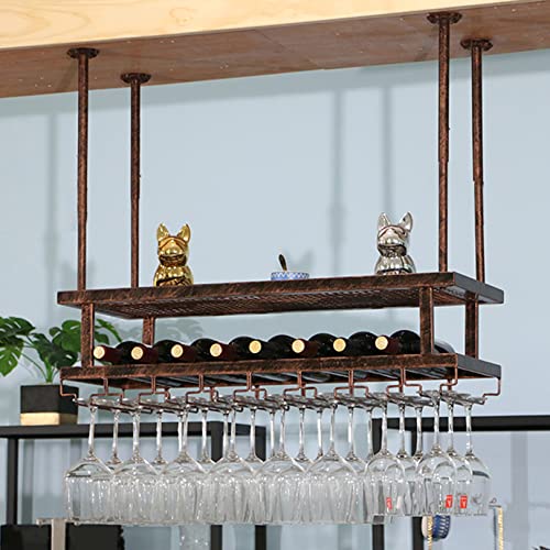 DHSKFUA Hanging Weinregal mit Glashalter Decke montiert, Industrie Weinflaschen Rack Hängende Weinstielstange-Regal-Blumen-Display-Regal für Bar Küchenrestaurant, Red Bronze-100x30 cm Progress von DHSKFUA