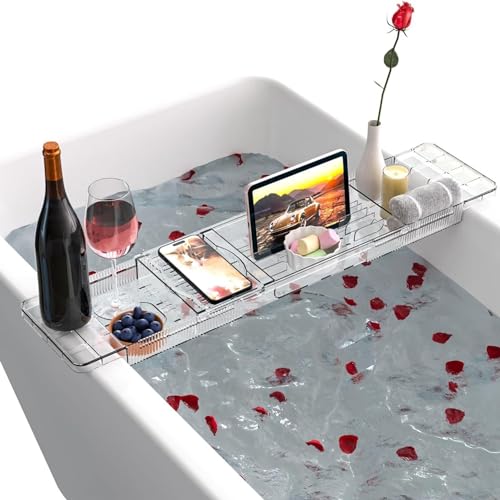 Badewannenablage Verstellbar [51-81cm] Badewannenbrett badewannentablett mit Anti-Rutsch Design iPad-Halterung ablage badewanne wannenablage Transparente für Bücher Telefon von DHSUN