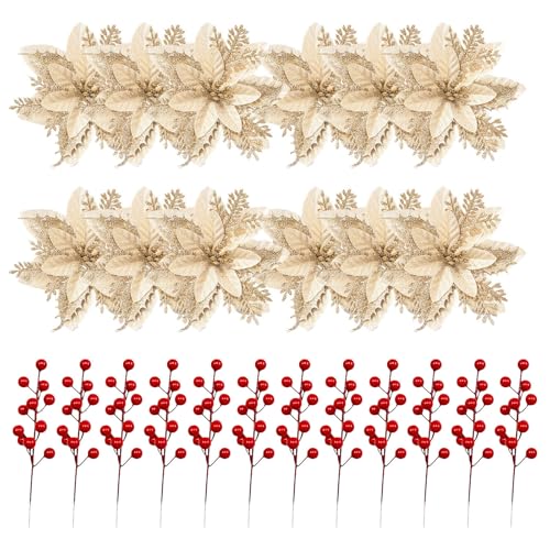 DHSUN 12 Stück Weihnachtsbaum deko Weihnachtsbaumschmuck weihnachtsdeko Blumen weihnachtssterne deko，12 Stück Künstliche Beeren baumschmuck Weihnachten weinachtsdekorationen (Gold) von DHSUN