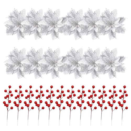 DHSUN 12 Stück Weihnachtsbaum deko Weihnachtsbaumschmuck weihnachtsdeko Blumen weihnachtssterne deko，12 Stück Künstliche Beeren baumschmuck Weihnachten weinachtsdekorationen (Silber) von DHSUN