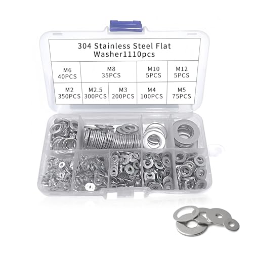 1110 Stück Unterlegscheiben, 304 Edelstahl-Unterlegscheiben, sortierte Unterlegscheiben mit Box, Metall-Unterlegscheibe, Penny für Schrauben (M2, M2,5, M3, M4, M5, M6, M8, M10, M12) von DHSWNNG