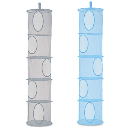 DHSWNNG 2 Stück Hängeaufbewahrung, 5 Stufen Hängeregal Mesh Faltbare Hängender Speicherkorb Hängende Netz-Aufbewahrungstasche Kuscheltiere Hängeregal für Spielzeug (Grau, Blau) von DHSWNNG