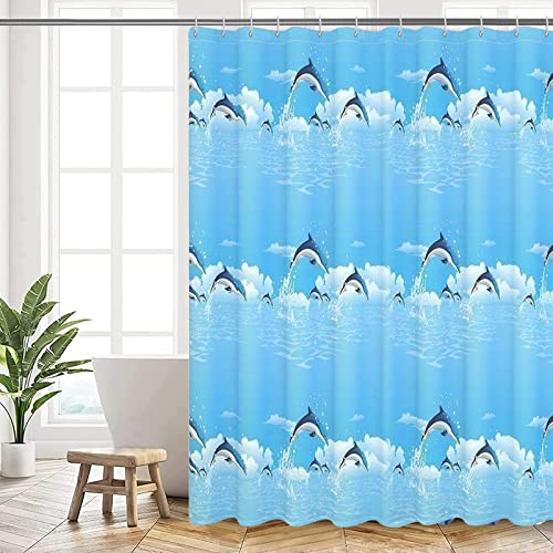 DHSWNNG Duschvorhang 180x200 cm Duschvorhänge Delfine Badewanne Vorhang Wasserdichter Duschvor Hang mit 14 Duschvorhängeringen Blickdicht Shower Curtains für Badezimmer (Blau) von DHSWNNG