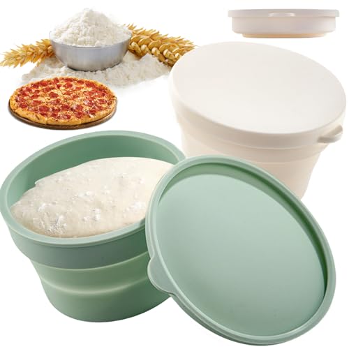 DHSWNNG Pizzaballenbox mit Deckel, 2 Stück Silikon Pizzateig Box Zusammenklappbar Antihaftendem Pizza Gärbox Teigwanne Teigbehälter für Brotteig Pizza Zubehör (Grün Weiß) von DHSWNNG