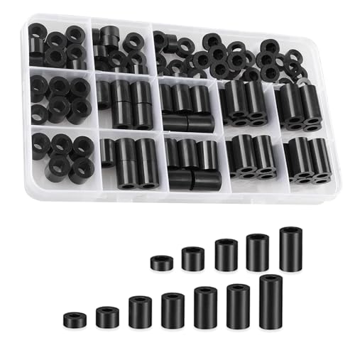 DHSWNNG Runde Abstandshalter, Schwarz Distanzhülsen Kunststoff M3 M4 Nylon Gummi Unterlegscheiben Distanzscheiben Isolierung Beilagscheiben Sortiment Ohne Gewinde Säulen Set (320 Stück) von DHSWNNG