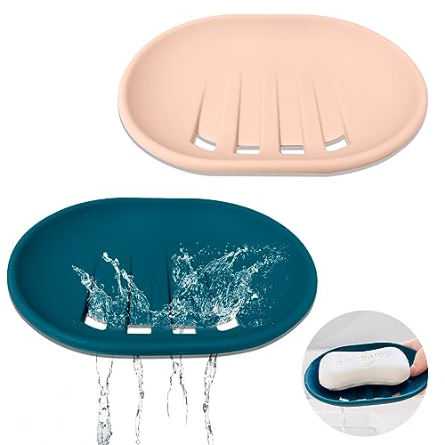 Seifenschale Silikon, 2 Stück Seifenschale mit Ablauf Seifenablage Dusche rutschfest Design Soap Dish Drainage Seifenschalen für Bad Küche Zähler (Rosa, Grün) von DHSWNNG