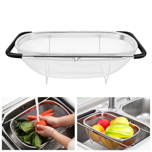 Waschbecken Sieb aus Edelstahl, Ausziehbar Rostfreier Stahl Spülbecken Sieb mit Feinsiebkorb und Gummigriff Siebs für Spüle zum Abseihen Abtropfen Waschen von Obst Gemüse (27x18x11cm) von DHSWNNG