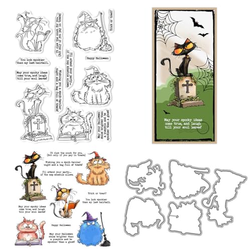 Halloween-Kätzchen-Stempel und Stanzformen für Kartenherstellung, magischer Hut, Grabstein, transparenter Silikonstempel und Metall-Stanzformen, Sets für DIY, Scrapbooking, Papierbasteln, Siegel Halloween-Kätzchen-Stempel und Stanzformen für Kartenherstellung, magischer Hut, Grabstein, transparenter Silikonstempel und Metall-Stanzformen, Sets für DIY, Scrapbooking, Papierbasteln, Siegel von DHVTESN
