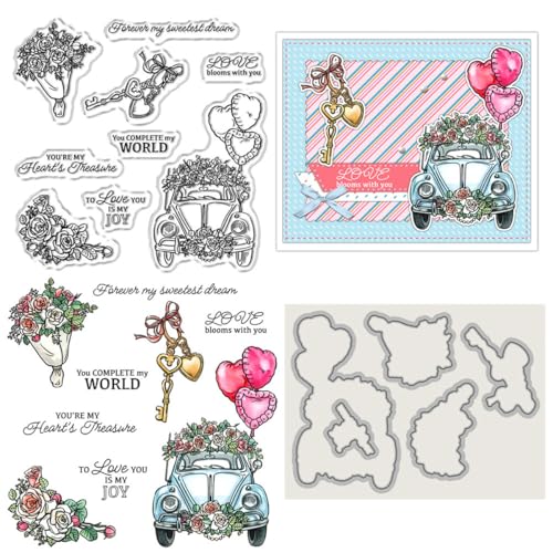 Rosen-Auto-Blumen-Stempel und Stanzformen für Kartenherstellung, Liebesschlüssel, Ballon, transparenter Silikon-Stempel und Metall-Stanzformen, Sets für DIY, Scrapbooking, Papierbasteln, Siegel Rosen-Auto-Blumen-Stempel und Stanzformen für Kartenherstellung, Liebesschlüssel, Ballon, transparenter Silikon-Stempel und Metall-Stanzformen, Sets für DIY, Scrapbooking, Papierbasteln, Siegel von DHVTESN