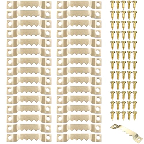 DHWEKU 30 Stück Bilderrahmen Halter,Zackenaufhänger für Bilder,Sägezahn Bildaufhänger, Befestigungen für Bilder,Aufhänger Bilderrahmen,Mit 60pcs Schrauben,Für Bilderrahmen,Hängende Bilder,Uhren,Gold DHWEKU 30 Stück Bilderrahmen Halter,Zackenaufhänger für Bilder,Sägezahn Bildaufhänger, Befestigungen für Bilder,Aufhänger Bilderrahmen,Mit 60pcs Schrauben,Für Bilderrahmen,Hängende Bilder,Uhren,Gold von DHWEKU