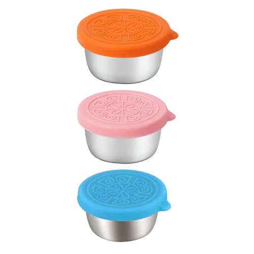 DHWEKU Salatdressing Behälter,3 x 50ml Edelstahl Dressing Behälter Lebensmittelbehälter Kleine Dosen mit Silikon Deckel, Saucenbehälter Auslaufsichere Frischhaltedosen Dip Behälter von DHWEKU