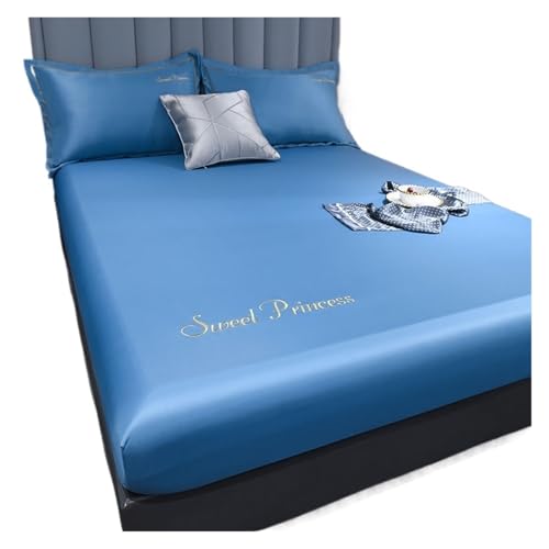 Matratzenschoner Elastisches Spannbettlaken Matratzenschoner Satin Tagesdecke Bettwäsche Viskose Bettlaken Einzel Doppel Queen King Size(Blue,Pillowcase No Sheet) von DHYUACN