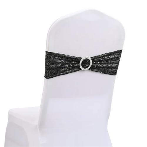 Stuhlschleife 10/50 stücke Pailletten Stuhl Schärpen for Party Abendessen Bankett Abdeckungen Dekoration Stretch Bogen Zurück Blume Bands(Black,50pcs) von DHYUACN