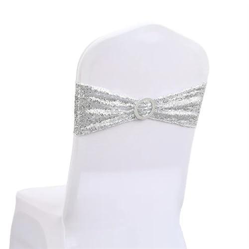 Stuhlschleife 10/50 stücke Pailletten Stuhl Schärpen for Party Abendessen Bankett Abdeckungen Dekoration Stretch Bogen Zurück Blume Bands(Silver,10 pcs) von DHYUACN