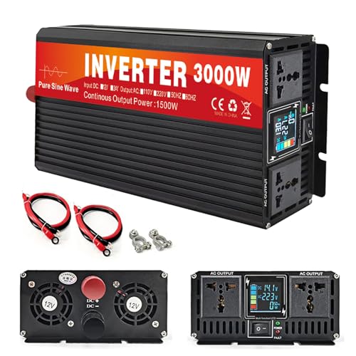3000W 4000W 5000W Reiner Sinus Wechselrichter DC 12V 24V auf AC 220V Spannungswandler Doppelsteckdose LCD Display für Wohnmobil LKW Auto Heimgebrauch,3000W-12V von DHsdlpLU