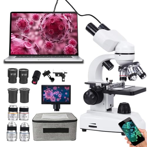 DHsdlpLU Professionelles Binokularmikroskop-Set, 5-Zoll-HD-Display + Elektronisches Okular + Handyhalter, Mit 185 Achromatischer Objektivlinse Akku USB-Netzteil,30000X von DHsdlpLU