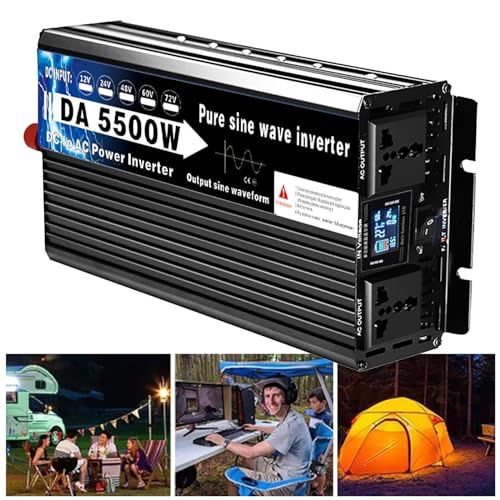 DHsdlpLU Reiner Sinus-Wechselrichter (Spitzenleistung: 4000 W/5500 W/6000 W), DC 12 V 24 V 48 V 60 V 72 V auf AC 220 V, Doppelsteckdose + Digitales LCD-Display,5500W-60V von DHsdlpLU