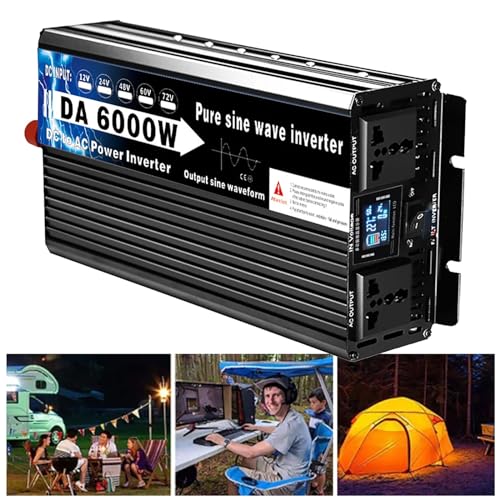 DHsdlpLU Reiner Sinus-Wechselrichter (Spitzenleistung: 4000 W/5500 W/6000 W), DC 12 V 24 V 48 V 60 V 72 V auf AC 220 V, Doppelsteckdose + Digitales LCD-Display,6000W-72V von DHsdlpLU