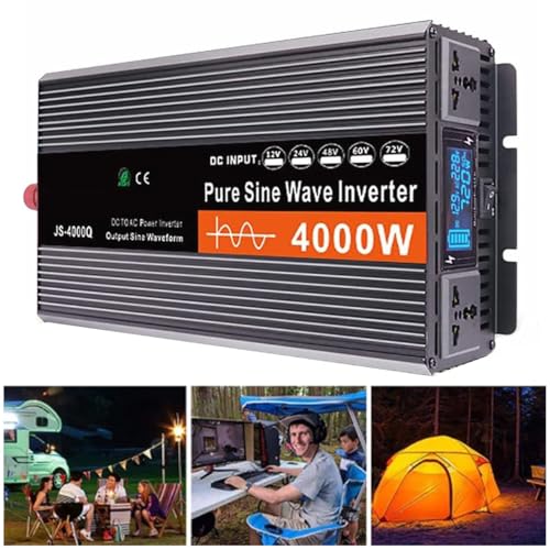 DHsdlpLU Reiner Sinus-Wechselrichter (Spitzenwert: 4000 W/5000 W/6000 W), DC 12 V 24 V 48 V 60 V zu AC 220 V, Doppellüfter + Doppelsteckdose + LCD-Display,4000W-12V von DHsdlpLU